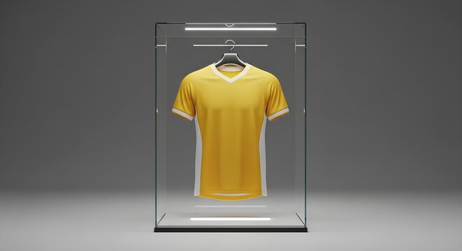 Prized yellow soccer jersey in an illuminated glass display case, a concept of sports memorabilia and team honor.