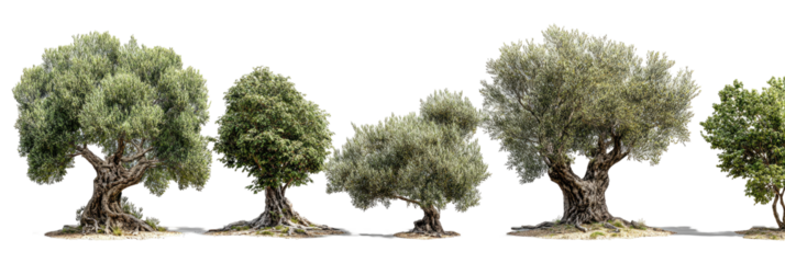 Row of ancient olive trees.  Mature, sprawling olive trees line up, various sizes, with grey-green foliage.  Roots visible at base.  Natural outdoor setting