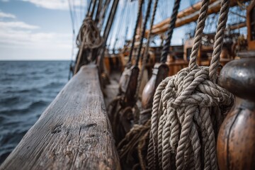Obraz premium Nautical ropes, antique ship, open sea, sailing vessel