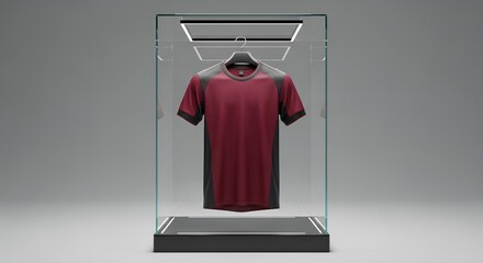 Showcasing a prized maroon football jersey in an illuminated glass display case, a concept of sports memorabilia and victory.