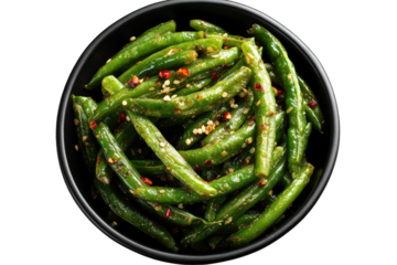 Stir-fried green beans in a dark bowl