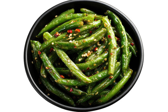 Stir-fried green beans in a dark bowl