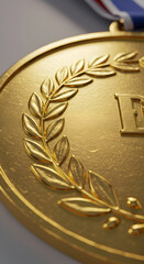 Gold Medal Close Up Photo With Laurel Wreath and Ribbon for First Place Award