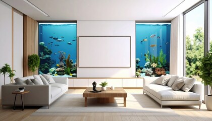 Modern Living Room with Builtin Aquariums and Natural Light.