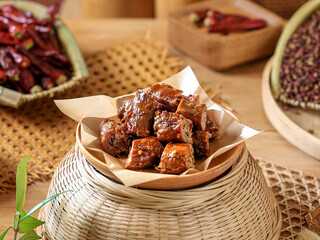 Duck neck marinated with traditional five spices, kitchen interior scene photography Chinese cuisine