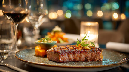 Gourmet steak dinner with red wine and blurred city lights background