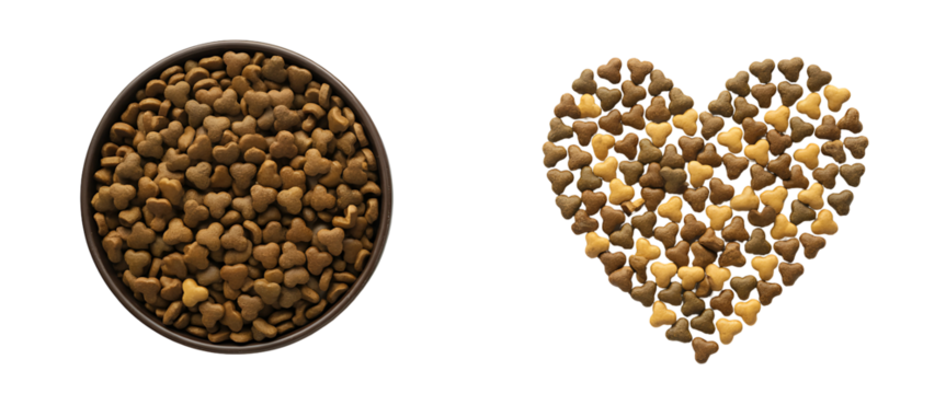 Show your pet love with nutritious heart-shaped kibble in a bowl, perfect for healthy eating campaigns.