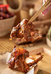 Duck wings marinated with traditional five spices, kitchen interior scene photography Chinese cuisine