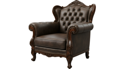 Classic Brown Leather Armchair Isolated on Transparent Background 3D Render
