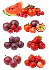 Collection of Fresh Red Fruits and Berries Isolated on Black Background
