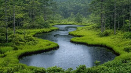 Serpentine river meanders through lush green wetlands, misty forest backdrop
