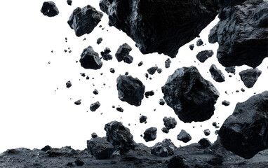 Black asteroid fragments flying isolated on transparent white background 