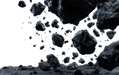 Black asteroid fragments flying isolated on transparent white background 