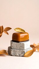Caramel dessert on textured stone, garnished with gold leaf and autumn leaves