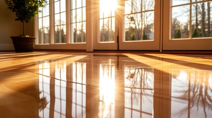 Sunlit, polished hardwood floor reflecting windows and sunlight