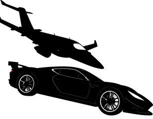 Silhouette of a luxury sports car and private jet