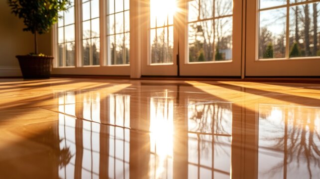 Sunlit, polished hardwood floor reflecting windows and sunlight