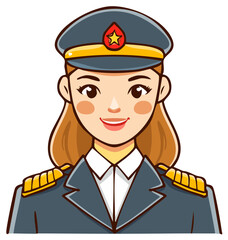 Cartoon Style Woman in Military Uniform Smiling,  Female Officer with Star Badge and Gold Accents on dark blue attire