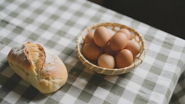 Fresh bread and eggs on a checkered tablecloth