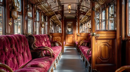 Fototapeta premium Vintage train carriage interior, historic railway, museum display, possible use travel/history stock