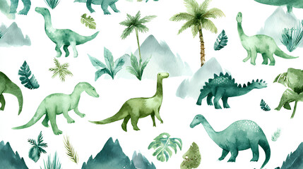 Obraz premium Watercolor dinosaur seamless pattern. Hand painted cute dinosaurs, tropical palm tree, jungle leaves, mountains. Dino illustration for design, wallpaper, scrapbooking Stock Illustration