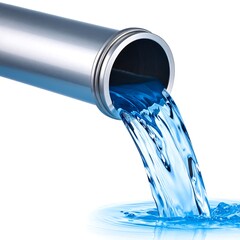 Clear liquid flowing from a metal pipe onto a white background