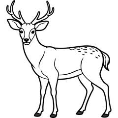 A black and white illustration of a deer with antlers