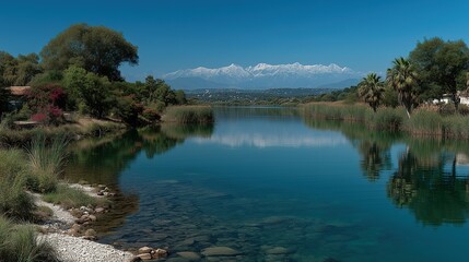 Obraz premium Lake shore scenery, snow - capped mountain reflections, green trees and rural houses