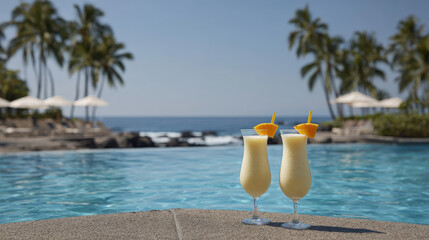experience essence of exotic cocktails with tropical fruits by stunning pool or ocean backdrop
