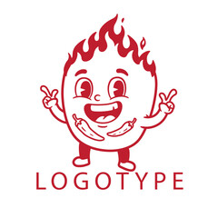 Energetic cartoon face with fiery hair, expressive smile, peace sign hands, and chili peppers, playfully representing heat and spiciness.