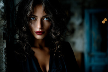 Fototapeta premium Woman with piercing blue eyes framed by dark curls