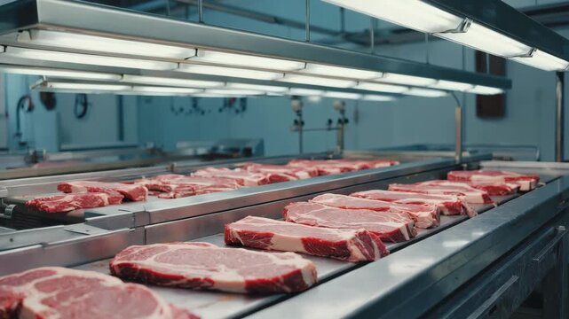 Freshly cut meat moving along automated conveyor belt in a modern food processing plant
