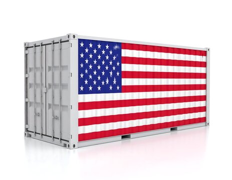 Cargo container, digitally rendered, displays US flag - Powered by Adobe