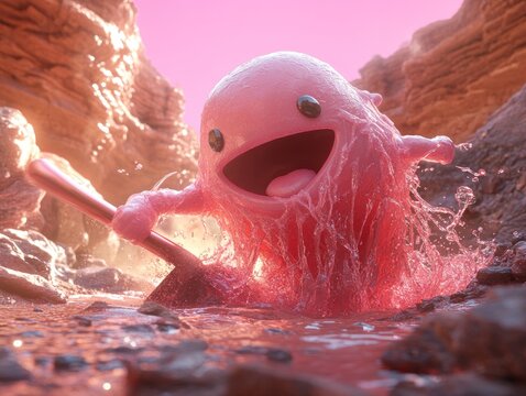 Pink blob joyfully paddles through canyon stream