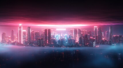 Obraz premium Futuristic city skyline at night, bathed in pink and blue neon light, shrouded in fog