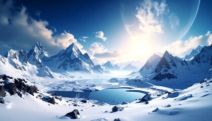 Serene Arctic Landscape: Snow-Capped Mountains, Frozen Lake and Celestial Light