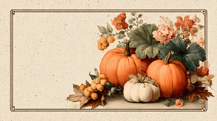 A cute thanksgiving or falll themed border with blank copyspace for a custom message - pumpkins, leaves and fall elements make a border for signage, menu invitation or poster, vintage illustration