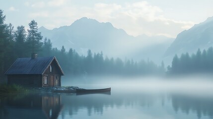 Fototapeta premium Rustic log cabin sits with misty lake for mountain landscape scene showing peaceful escape travel nature vacation rental solitude calm outdoor forest beauty retreat concept