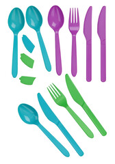 Colorful Plastic Cutlery Arrangement Isolated on Transparent Background