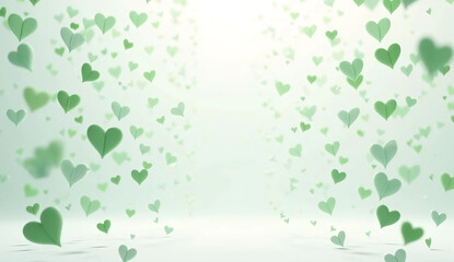 empty space in center. Falling green hearts isolated on white background. close up. 3D modering. photo. Valentine’s day design.