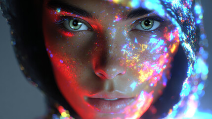 Cinematic close-up of a bronze-skinned beauty with emerald eyes, vibrant paint splashes, and an elaborate deep purple and gold headdress.

