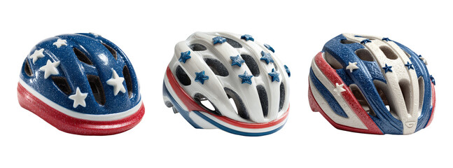 Obraz premium Colorful Bicycle Helmets with Stars and Stripes on Transparent Background