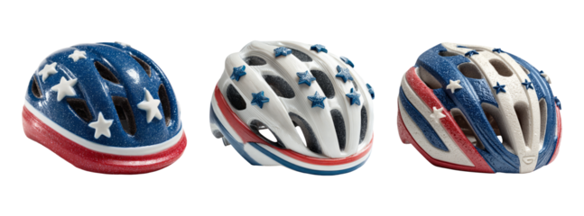 Colorful Bicycle Helmets with Stars and Stripes on Transparent Background