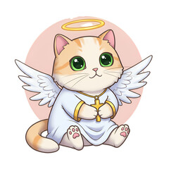 Cute Angel Cat Illustration With Wings and Halo on Pink Background