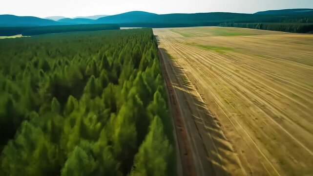 An aerial drone shot pulling back over a sharp boundary between a green forest and a golden harvested field