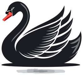 Obraz premium Elegant Black Swan Illustration in Stylized Design with Flowing Wing Pattern, Featuring a Bold Neck Curve