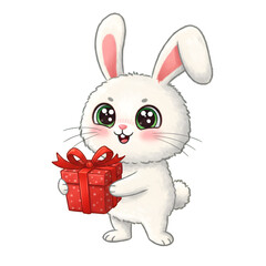 Cute Cartoon Bunny Holding Red Gift Box Isolated on Transparent Background