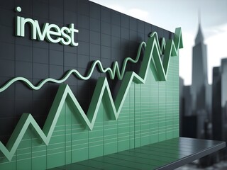 Invest in growing financial market with upward trend graph and city skyline