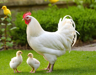 Fototapeta premium rooster and chicks in the farm, A mottled rooster and two chicks in the farm yard. Winter. Close-up view with Copy space. hen farm yard background