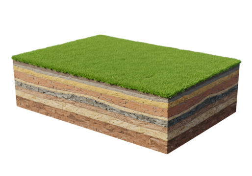 Detailed 3D Cross-Section Illustration Of Soil Layers With Green Grass on Top Isolated